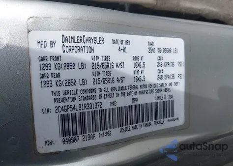 2001 Chrysler Town & Country Lxi from USA, damaged, VIN 2C4GP54L91R331372